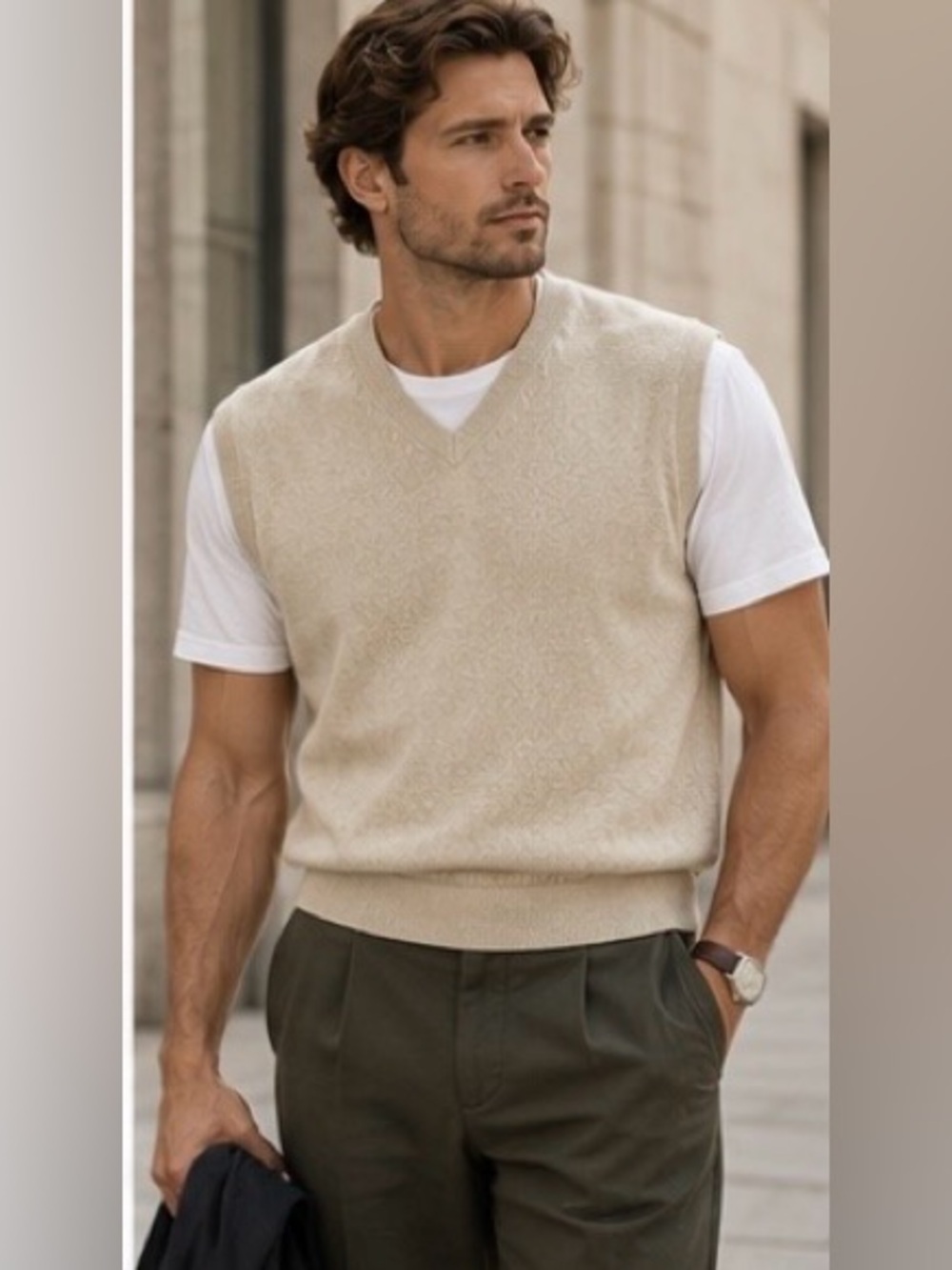 Pierre Cardin Vintage Soft Wool Men's V-Neck Sweater Vest in Light Beige